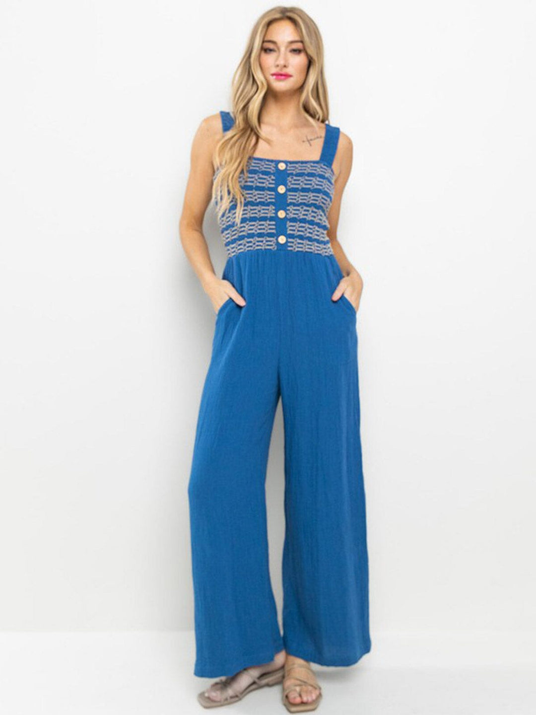 WOMEN'S SLEEVELESS SMOCK POCKETS WIDE LEG JUMPSUIT