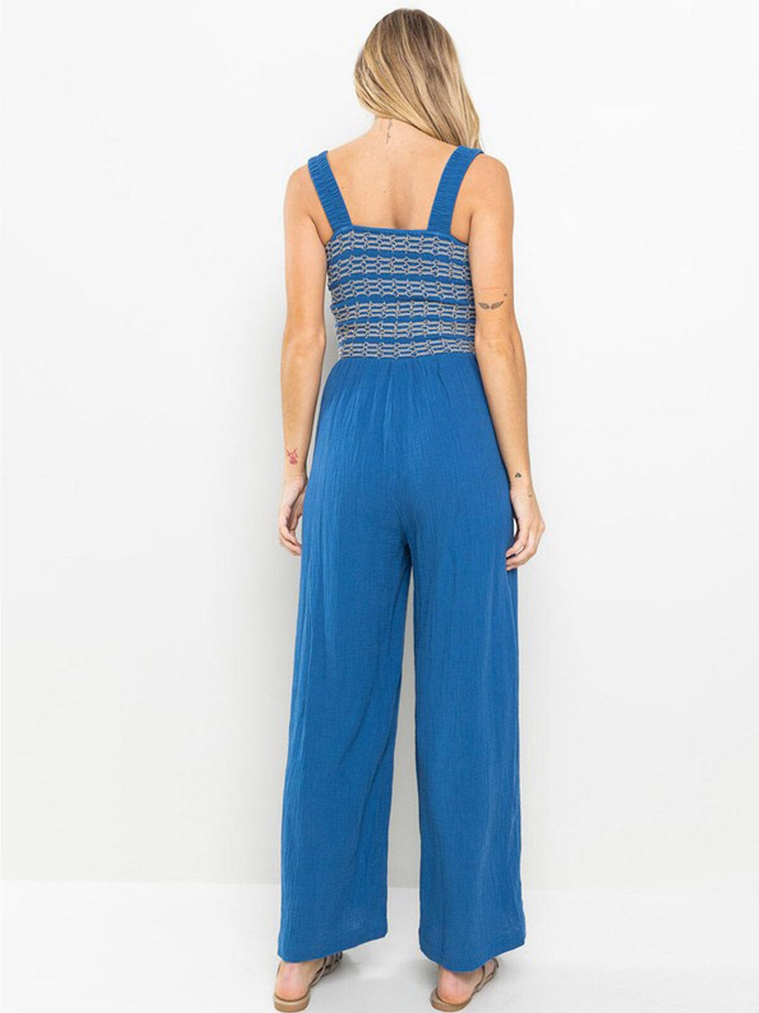 WOMEN'S SLEEVELESS SMOCK POCKETS WIDE LEG JUMPSUIT