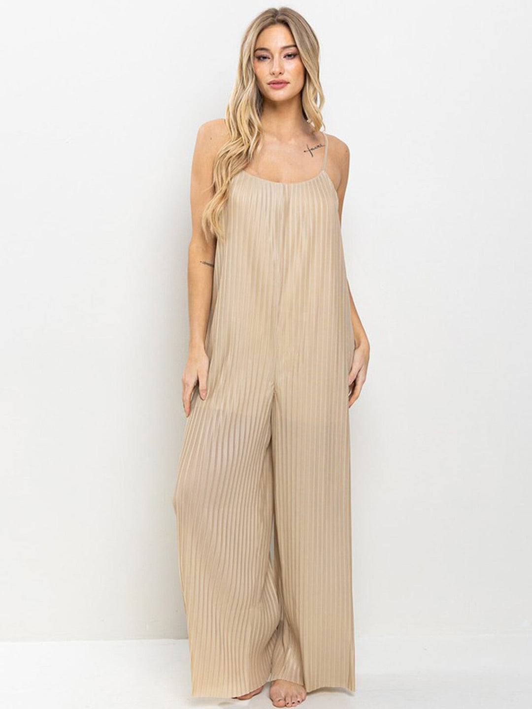 WOMEN'S SLEEVELESS POCKETS PLEATED WIDE LEG JUMSPUIT