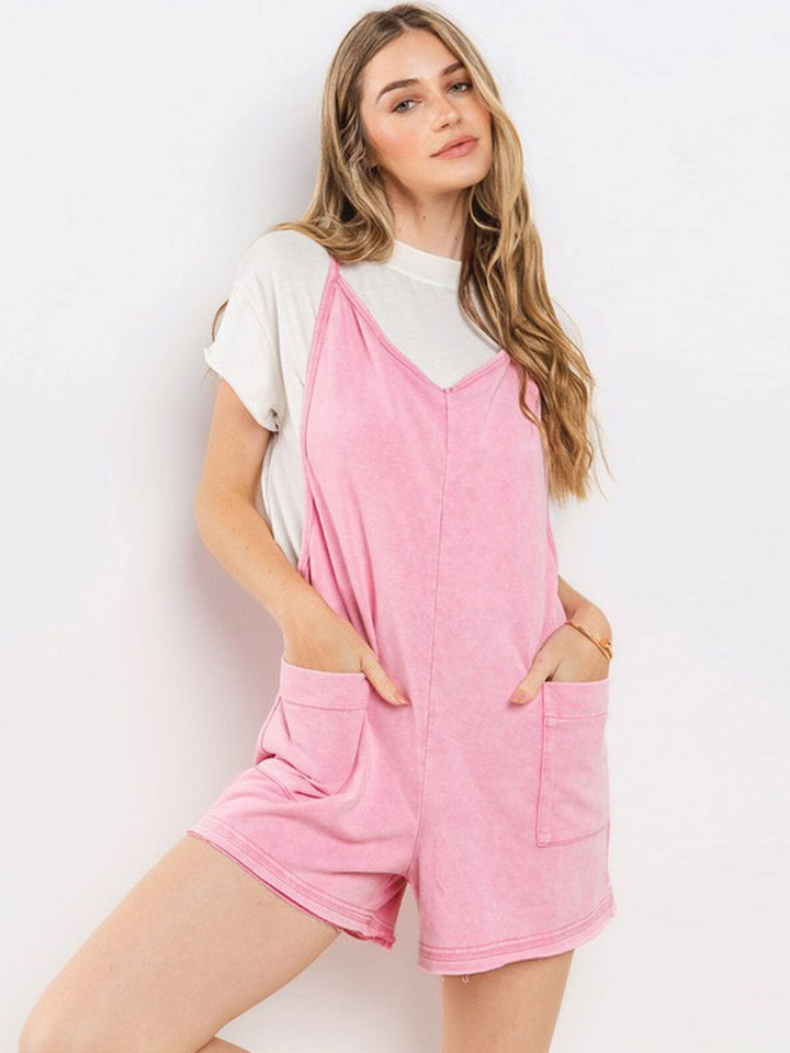 WOMEN'S SLEEVELESS V-NECK FRONT POCKET WASHED ROMPER