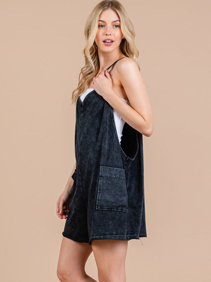 WOMEN'S SLEEVELESS V-NECK FRONT POCKET WASHED ROMPER