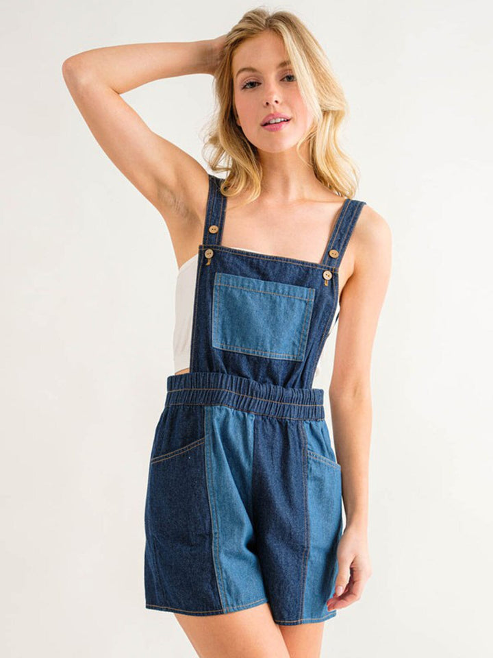 WOMEN'S SLEEVELESS POCKETS COLORBLOCK DENIM OVERALL