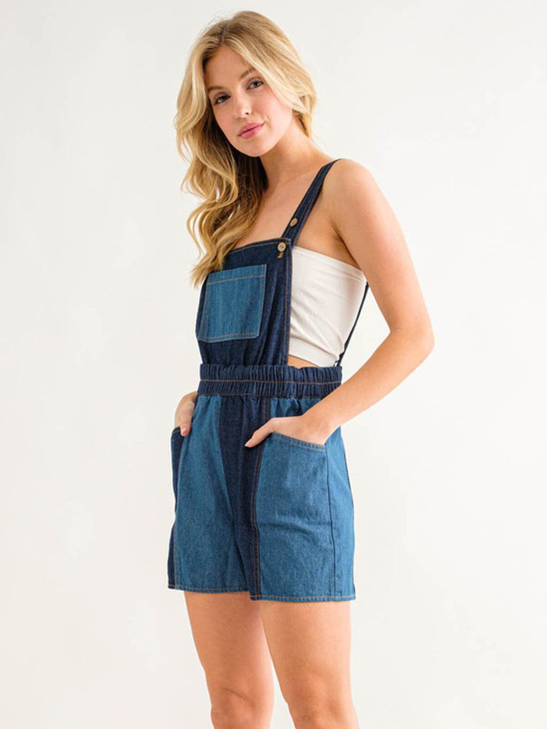 WOMEN'S SLEEVELESS POCKETS COLORBLOCK DENIM OVERALL