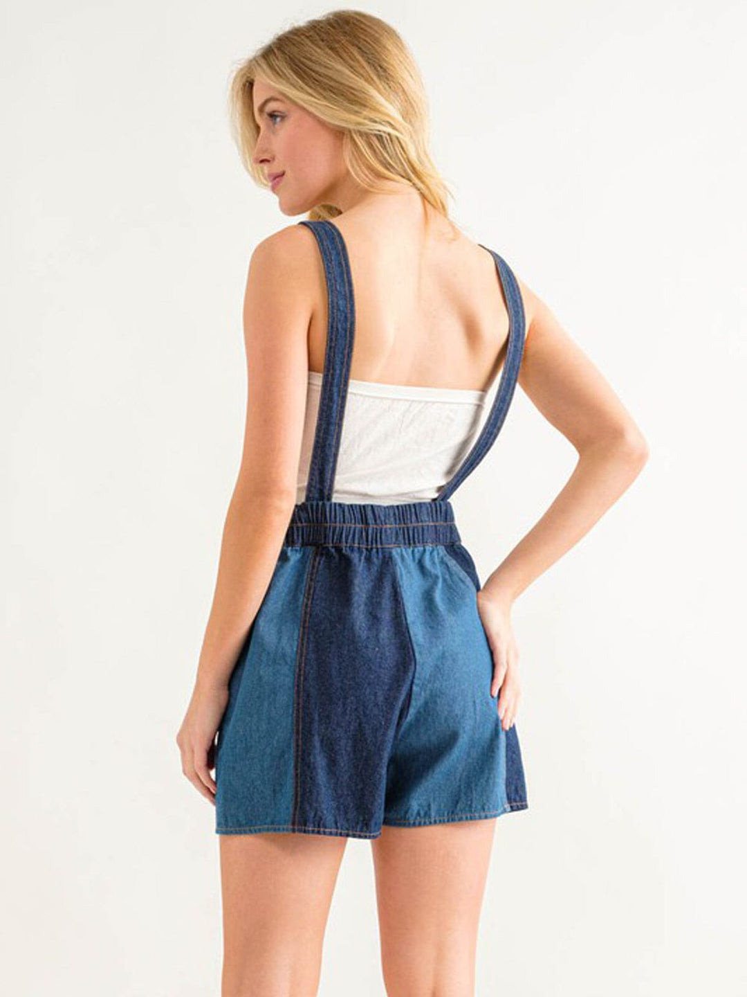 WOMEN'S SLEEVELESS POCKETS COLORBLOCK DENIM OVERALL