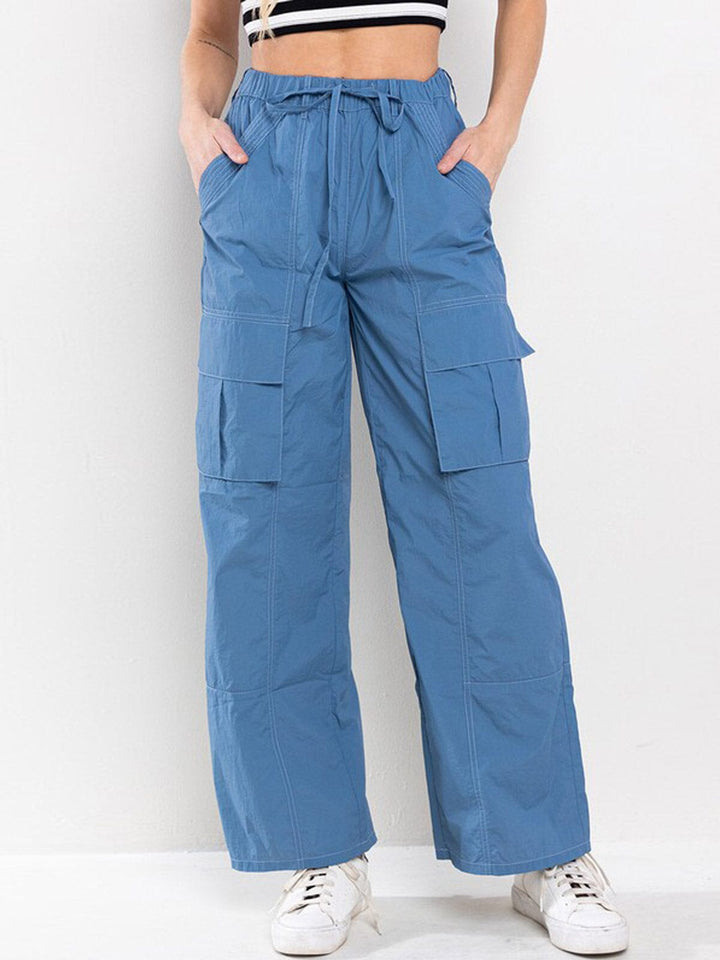WOMEN'S STRETCH WAISTBAND CARGO POCKETS WIDE LEG PANTS
