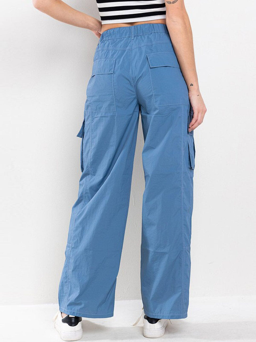 WOMEN'S STRETCH WAISTBAND CARGO POCKETS WIDE LEG PANTS