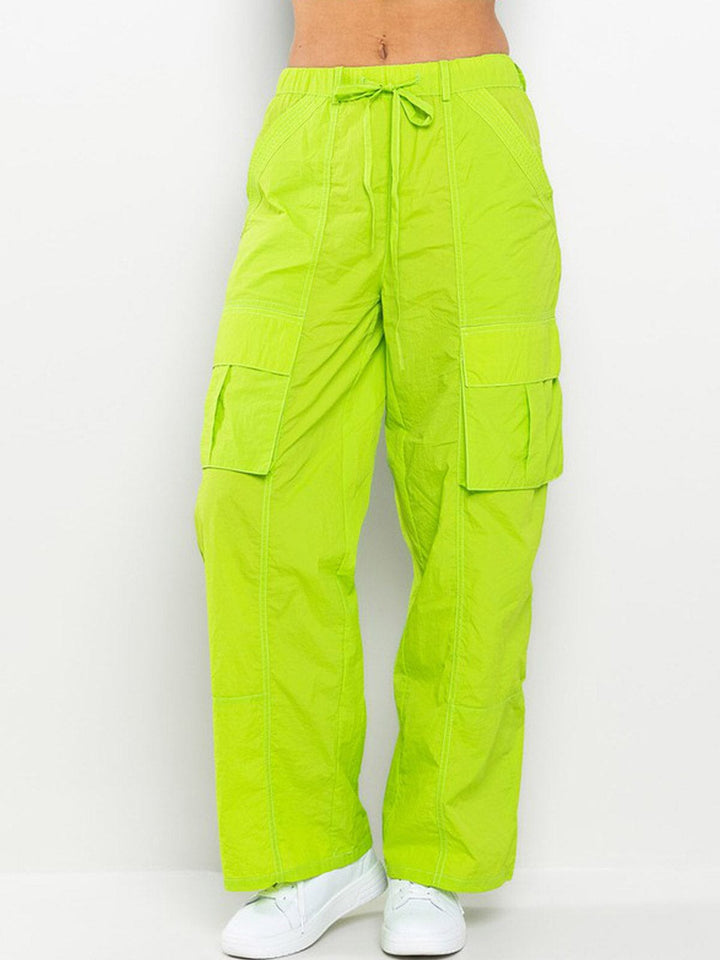WOMEN'S STRETCH WAISTBAND CARGO POCKETS WIDE LEG PANTS