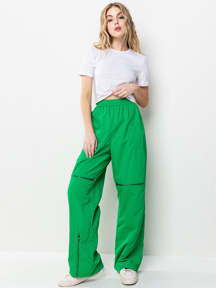 WOMEN'S ELASTIC WAIST ZIPPER DETAILED POCKETS WIDE LEG PANTS