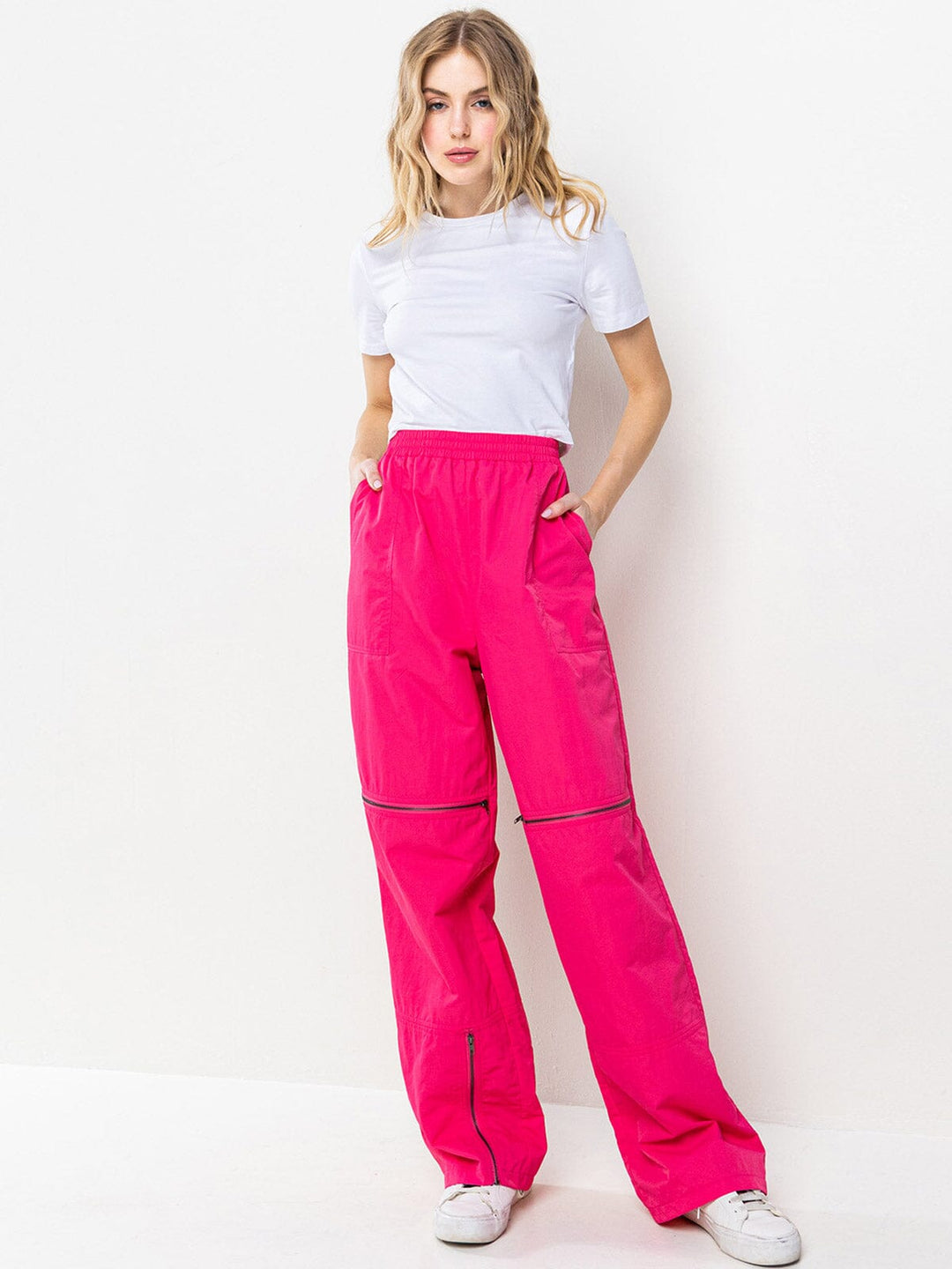 WOMEN'S ELASTIC WAIST ZIPPER DETAILED POCKETS WIDE LEG PANTS