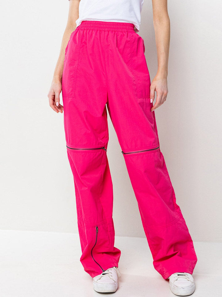 WOMEN'S ELASTIC WAIST ZIPPER DETAILED POCKETS WIDE LEG PANTS