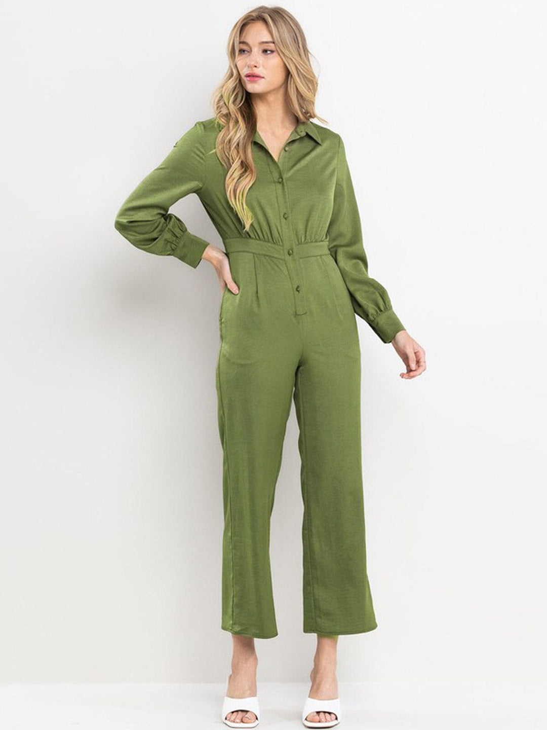 WOMEN'S LONG SLEEVE POCKETS BUTTON UP JUMPSUIT