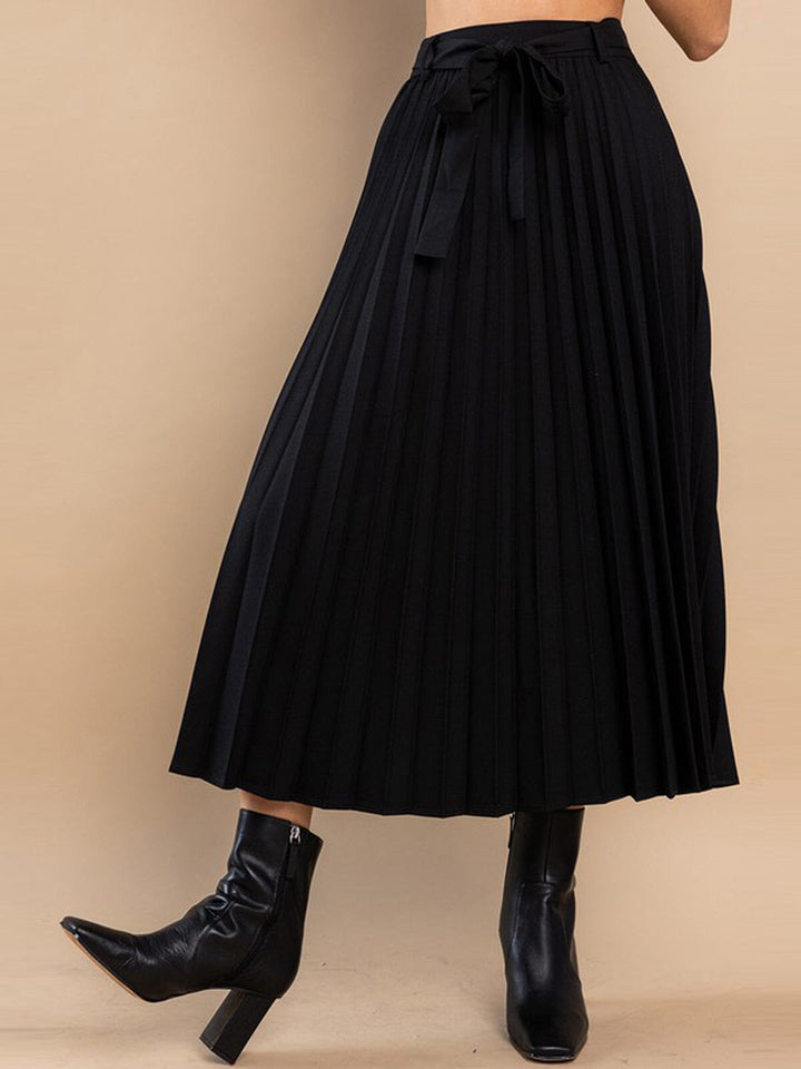 WOMEN'S ZIP UP SELF TIE PLEATED MAXI SKIRT