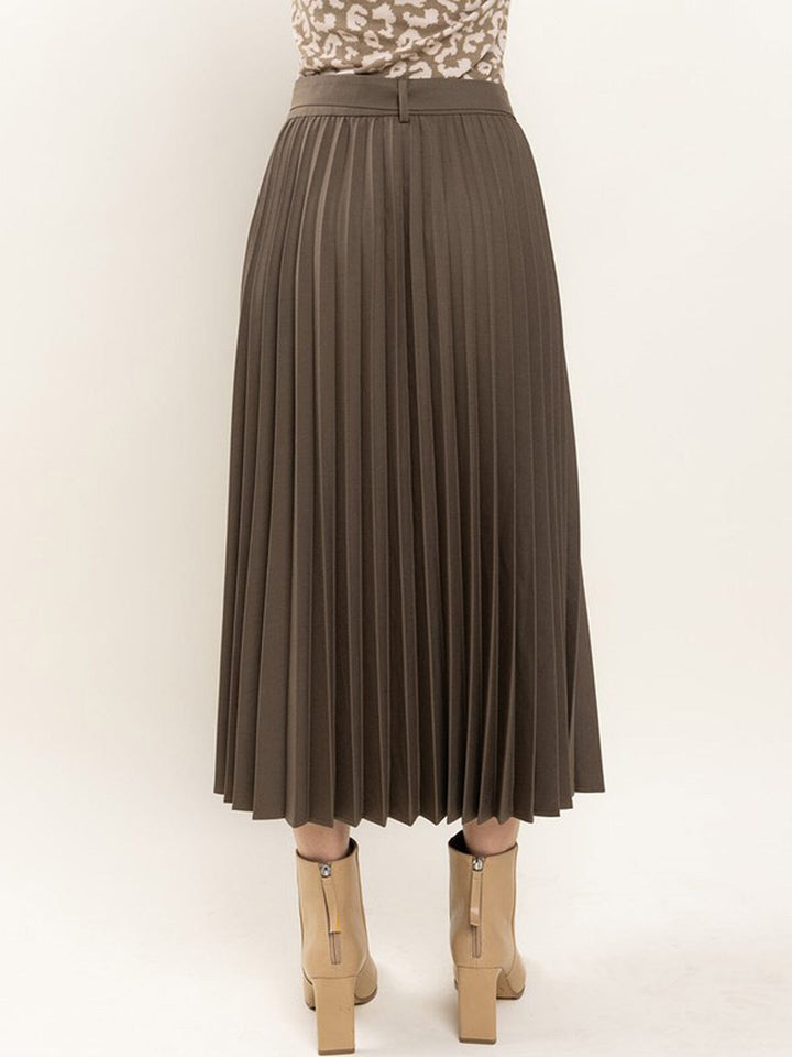 WOMEN'S ZIP UP SELF TIE PLEATED MAXI SKIRT