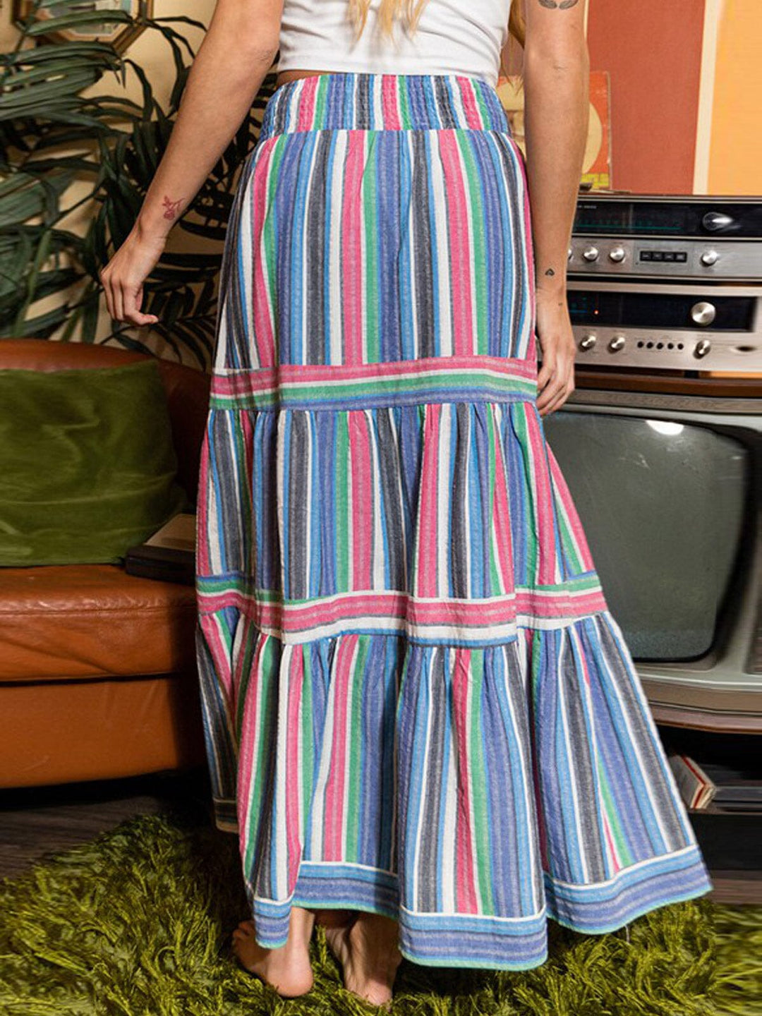 WOMEN'S SMOCK WAIST TIERED MULTI COLORS MAXI SKIRT