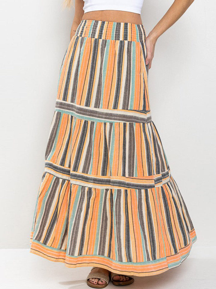 WOMEN'S SMOCK WAIST TIERED MULTI COLORS MAXI SKIRT