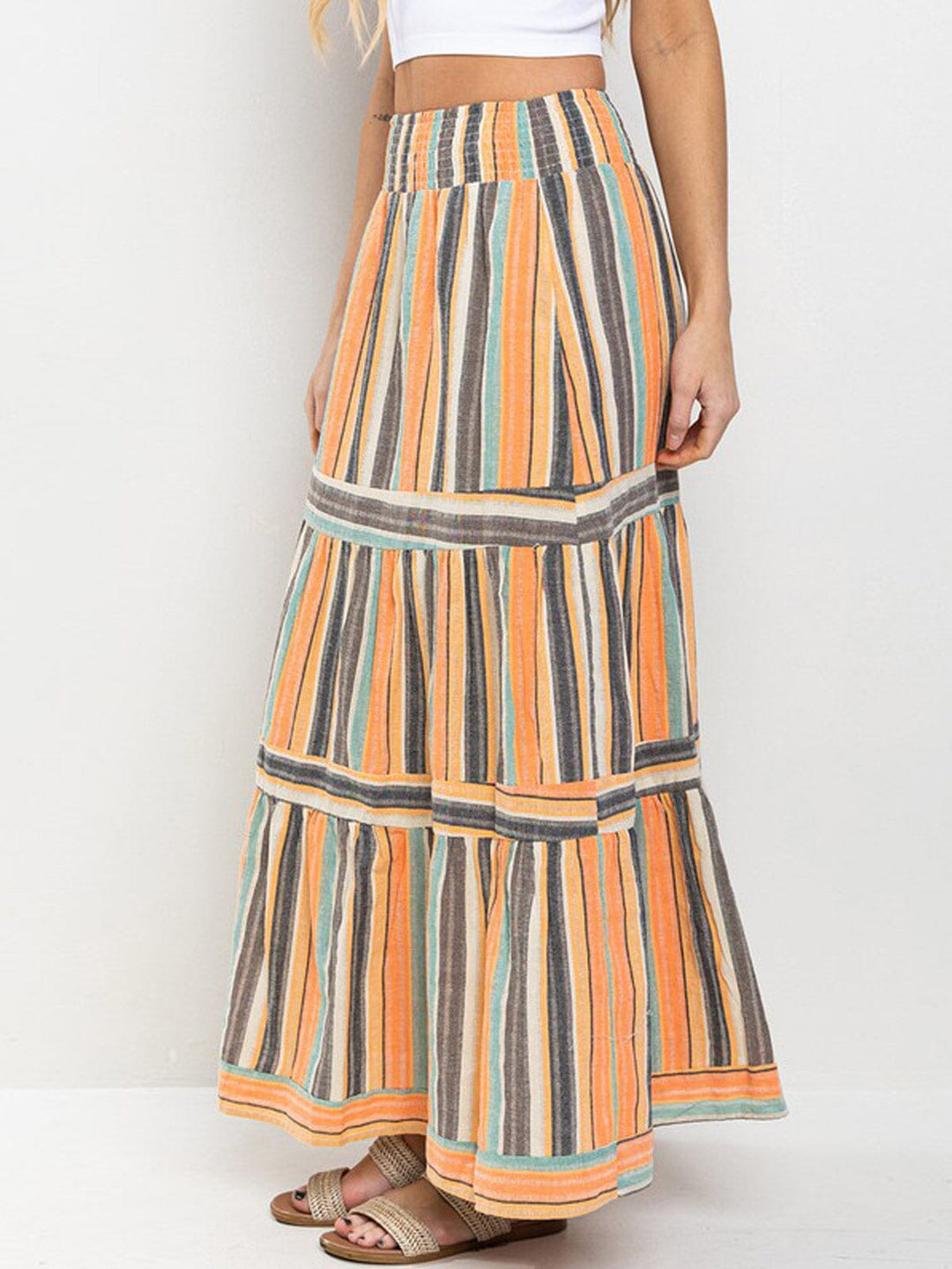 WOMEN'S SMOCK WAIST TIERED MULTI COLORS MAXI SKIRT