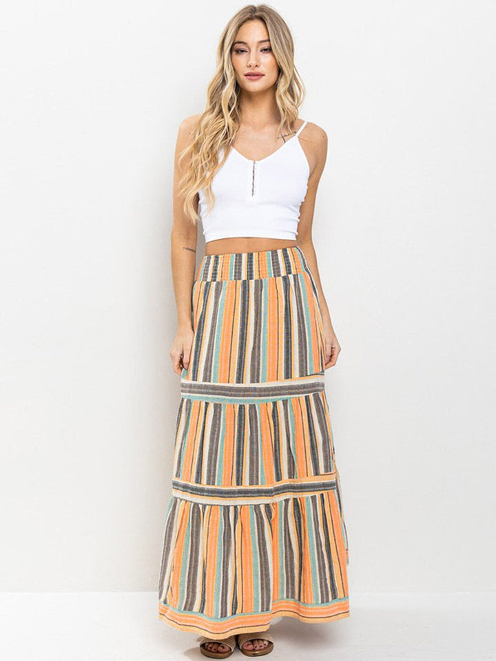 WOMEN'S SMOCK WAIST TIERED MULTI COLORS MAXI SKIRT
