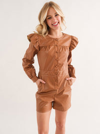 WOMEN'S LONG SLEEVE BUTTON UP POCKETS PU PLEATHER ROMPER