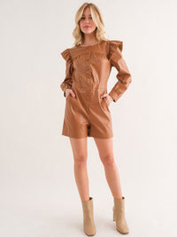 WOMEN'S LONG SLEEVE BUTTON UP POCKETS PU PLEATHER ROMPER