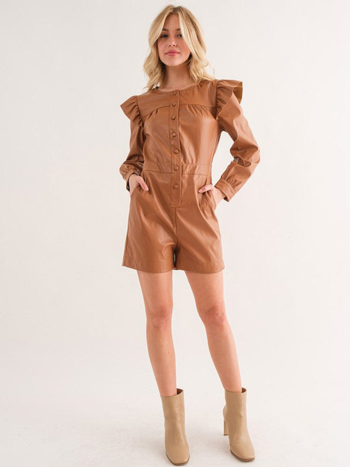 WOMEN'S LONG SLEEVE BUTTON UP POCKETS PU PLEATHER ROMPER