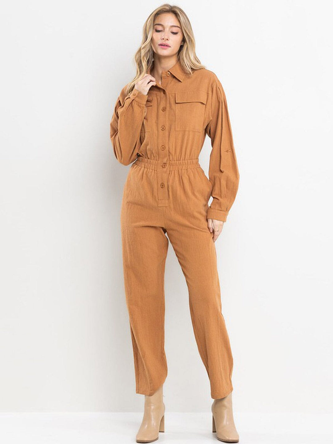 WOMEN'S LONG SLEEVE ELASTIC WAIST POCKETS JUMPSUIT