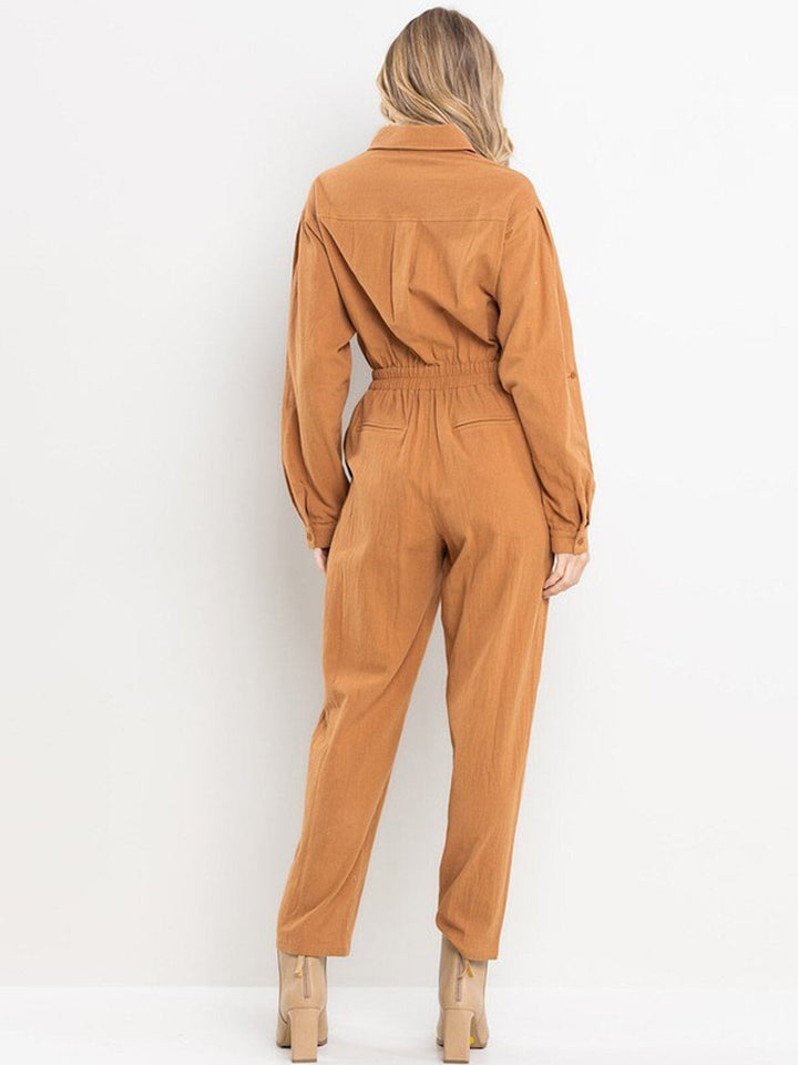 WOMEN'S LONG SLEEVE ELASTIC WAIST POCKETS JUMPSUIT