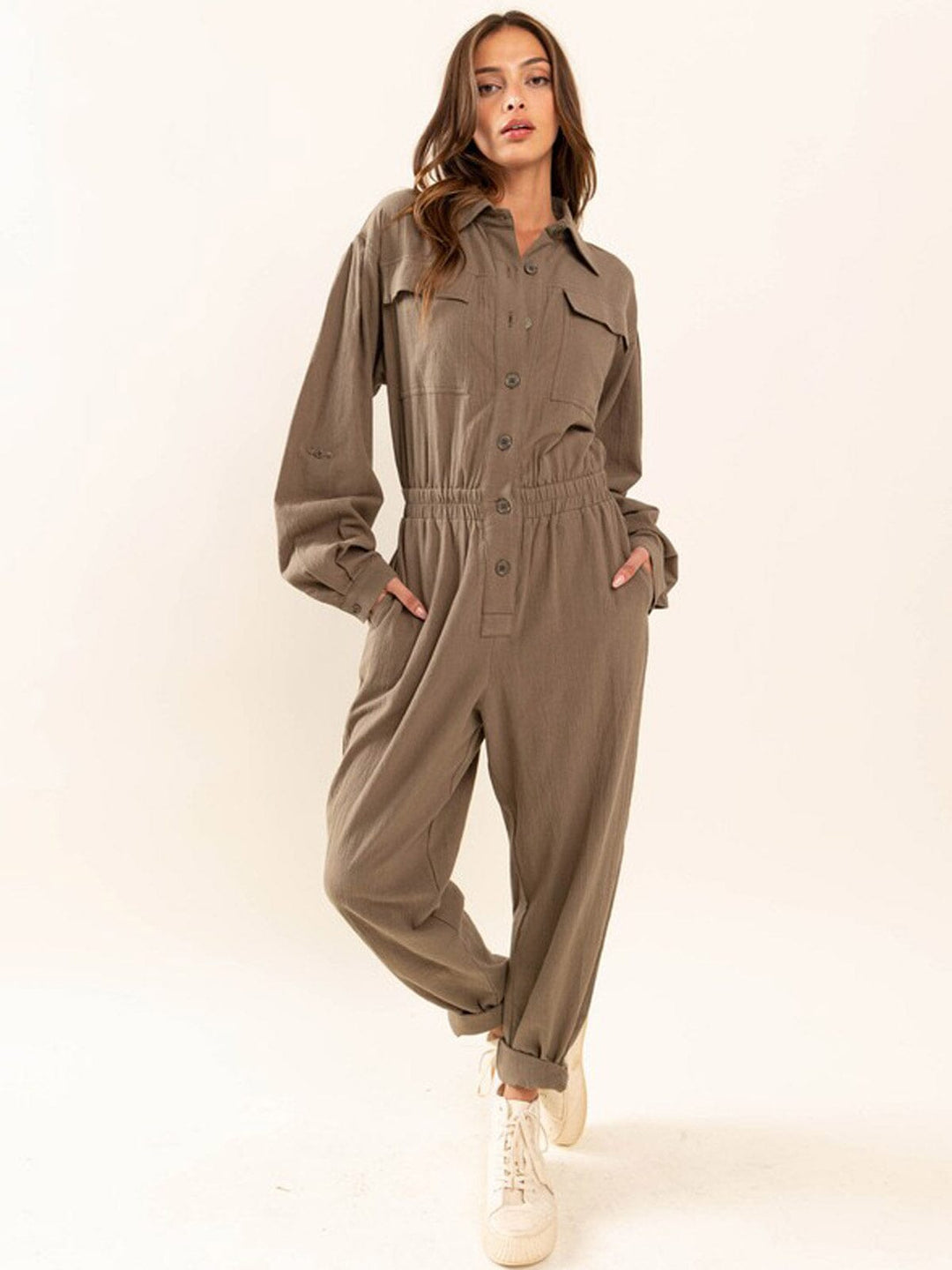 WOMEN'S LONG SLEEVE ELASTIC WAIST POCKETS JUMPSUIT