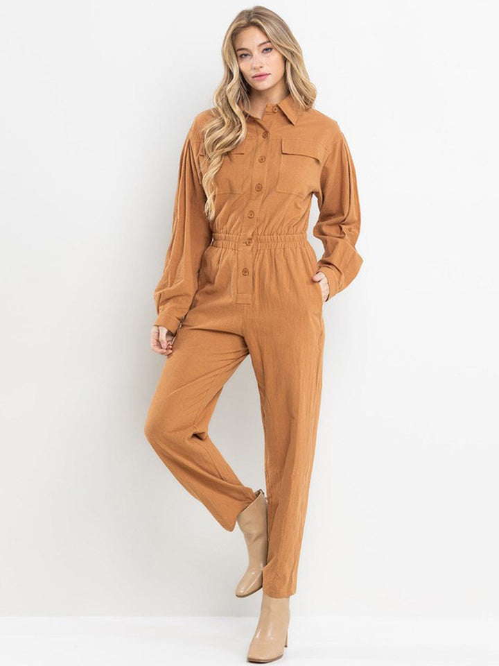WOMEN'S LONG SLEEVE ELASTIC WAIST POCKETS JUMPSUIT