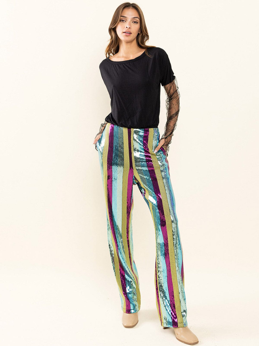 WOMEN'S WIDE LEG MULTI COLOR SEQUINS PANTS