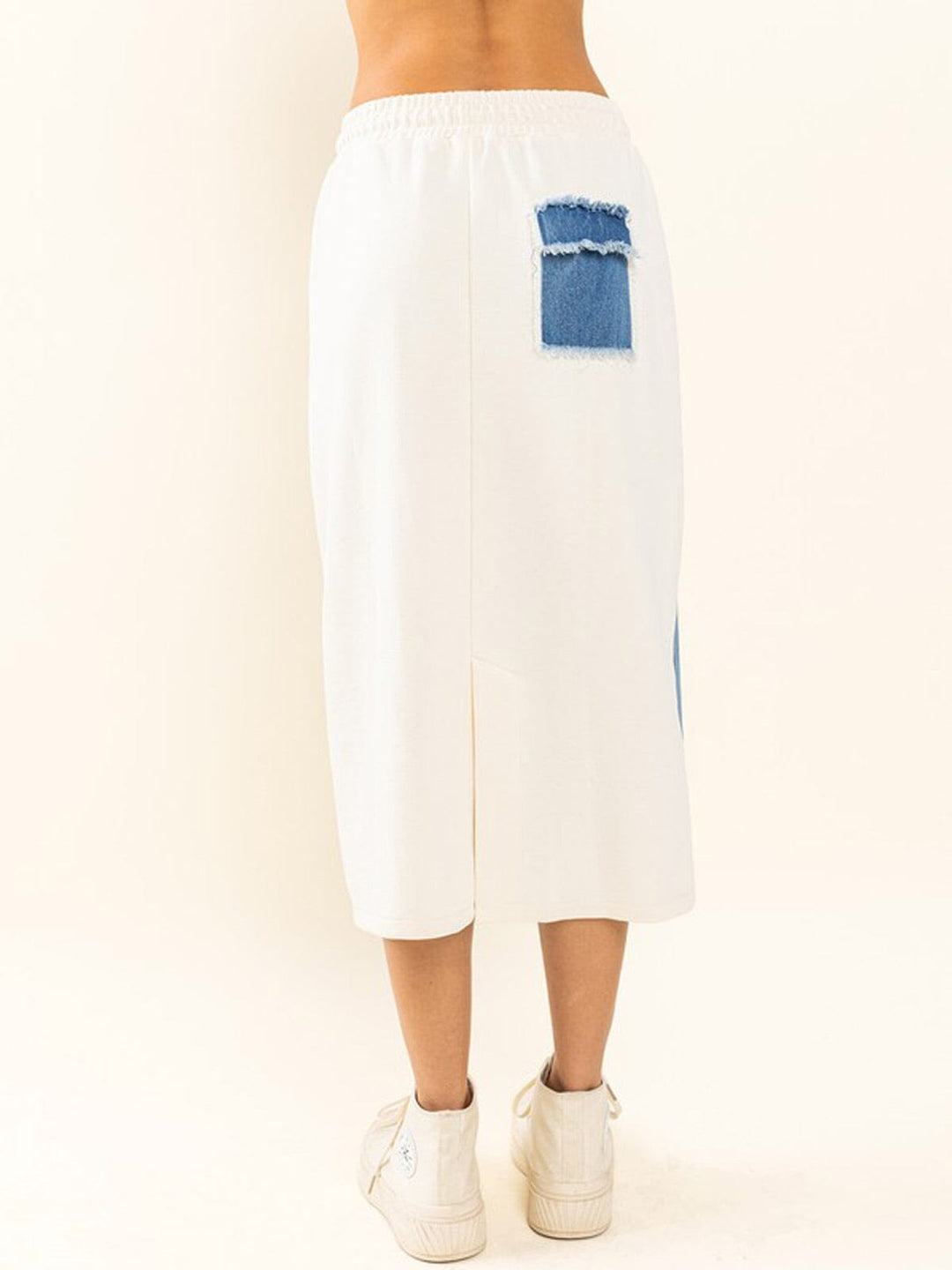 WOMEN'S ELASTIC WAIST POCKETS COLORBLOCK DENIM MIDI SKIRT