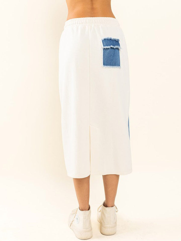 WOMEN'S ELASTIC WAIST POCKETS COLORBLOCK DENIM MIDI SKIRT