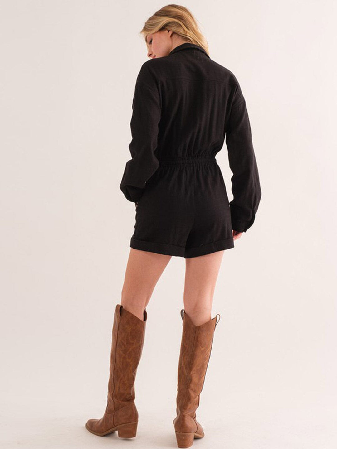 WOMEN'S LONG SLEEVE ZIP UP POCKETS ELASTIC WAIST ROMPER