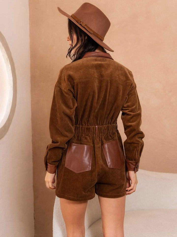 WOMEN'S LONG SLEEVE BUTTON UP POCKETS ELASTIC WAIST CORDUROY ROMPER