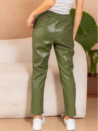 WOMEN'S ELASTIC WAIST POCKETS PU PLEATHER STRAIGHT LEG PANTS