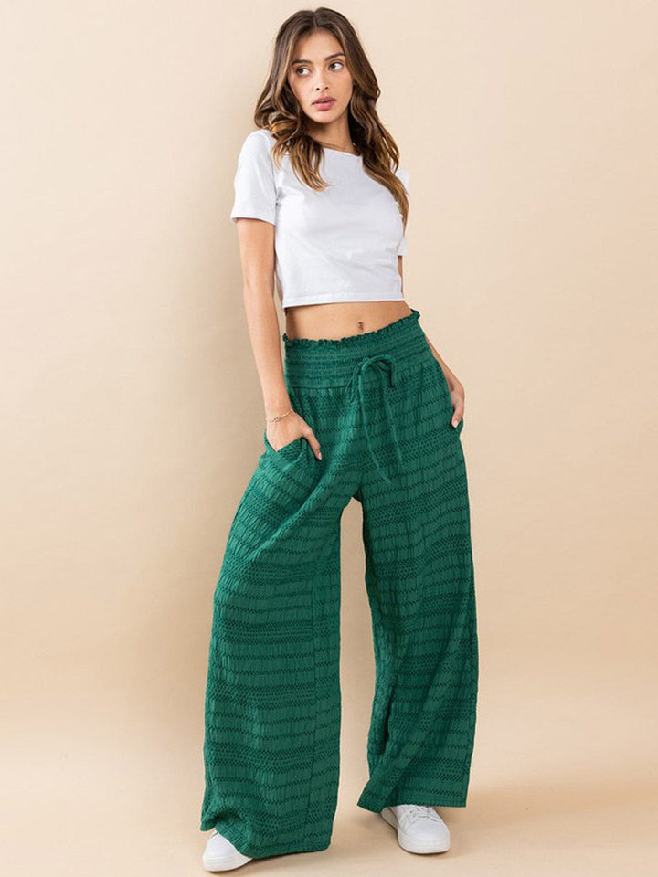 WOMEN'S ELASTIC WAIST FRONT POCKET DETAILED WIDE LEG PALAZZO PANTS