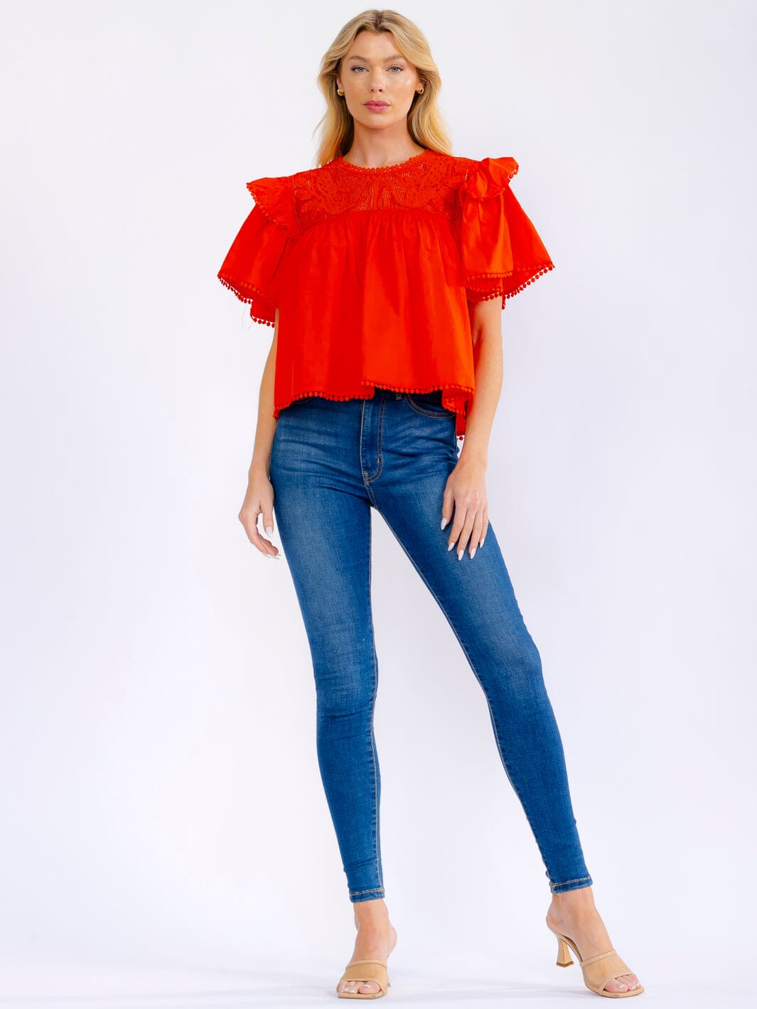 WOMEN'S SHORT RUFFLE SLEEVE LACE NECK LOOSE FIT BLOUE