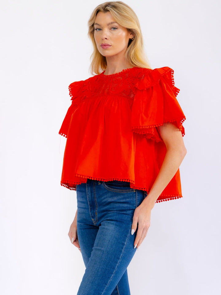 WOMEN'S SHORT RUFFLE SLEEVE LACE NECK LOOSE FIT BLOUE