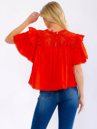 WOMEN'S SHORT RUFFLE SLEEVE LACE NECK LOOSE FIT BLOUE