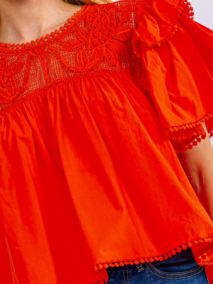 WOMEN'S SHORT RUFFLE SLEEVE LACE NECK LOOSE FIT BLOUE