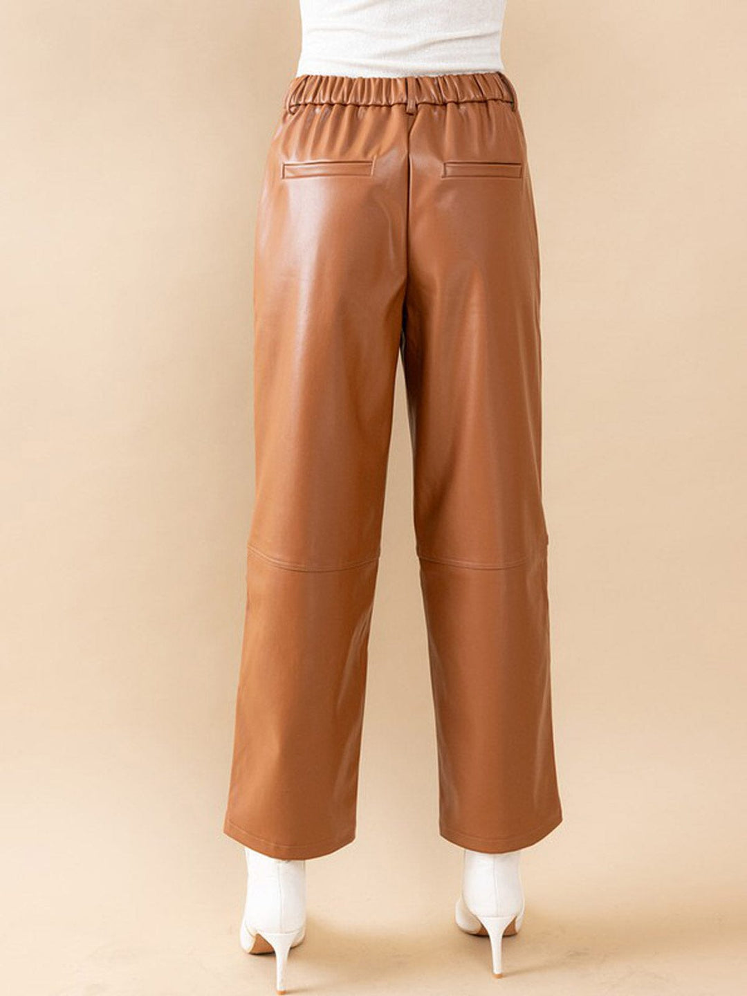 WOMEN'S BUTTON CLOSURE PU PLEATHER WIDE LEG PANTS