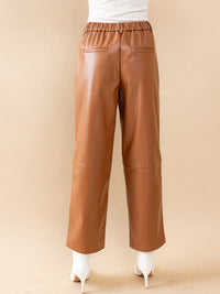 WOMEN'S BUTTON CLOSURE PU PLEATHER WIDE LEG PANTS