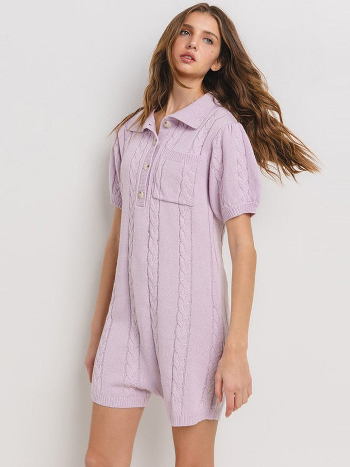 WOMEN'S SHORT SLEEVE BUTTON UP POCKETS CABLE KNIT ROMPER