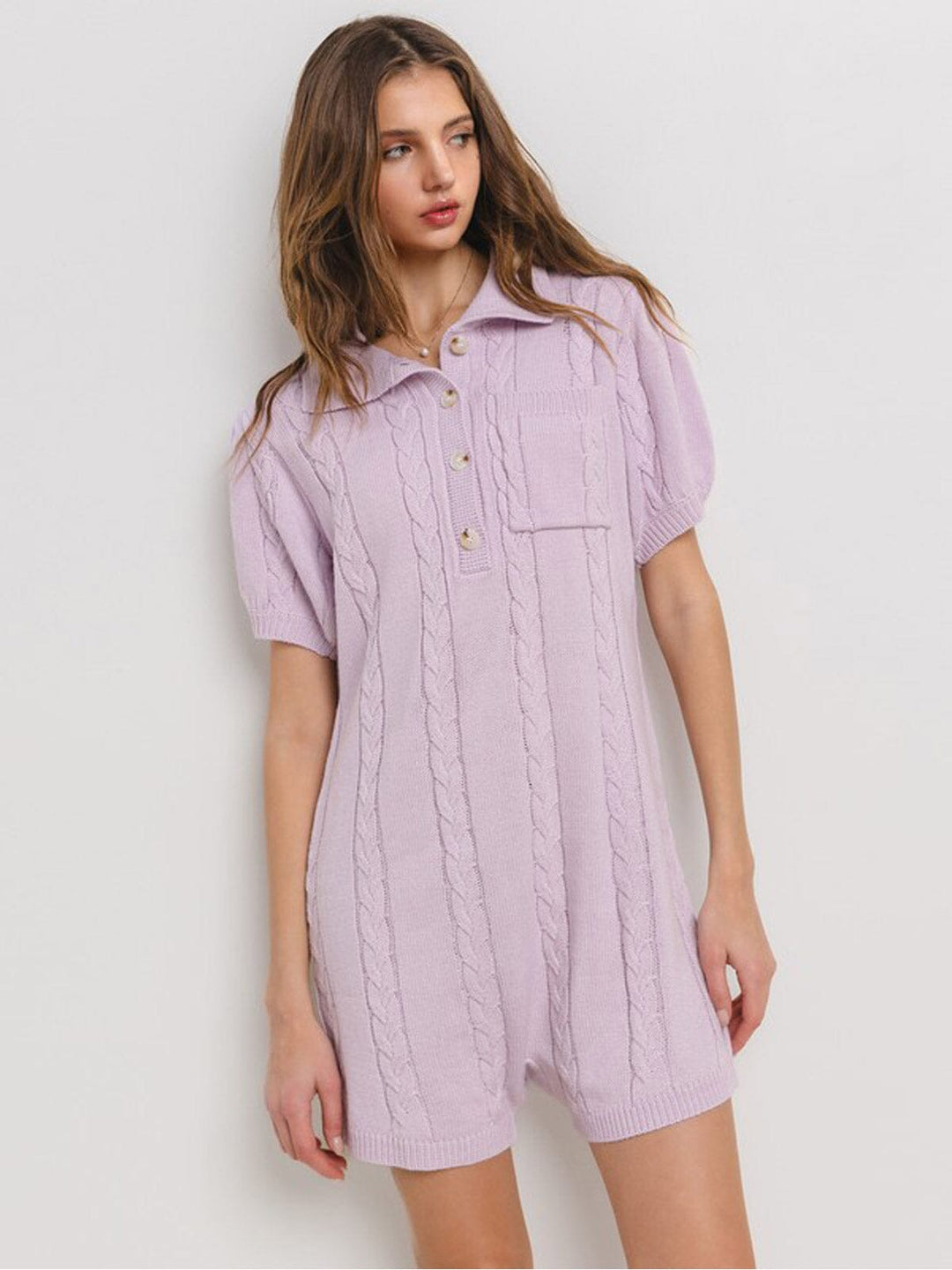 WOMEN'S SHORT SLEEVE BUTTON UP POCKETS CABLE KNIT ROMPER