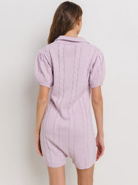 WOMEN'S SHORT SLEEVE BUTTON UP POCKETS CABLE KNIT ROMPER