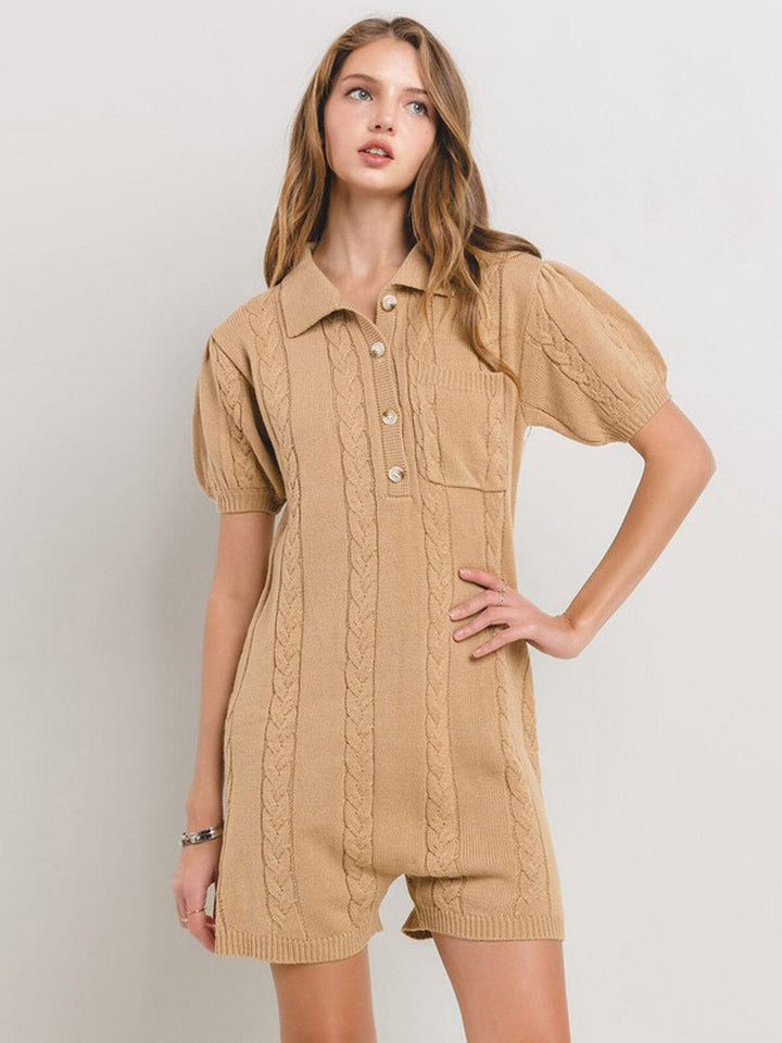WOMEN'S SHORT SLEEVE BUTTON UP POCKETS CABLE KNIT ROMPER