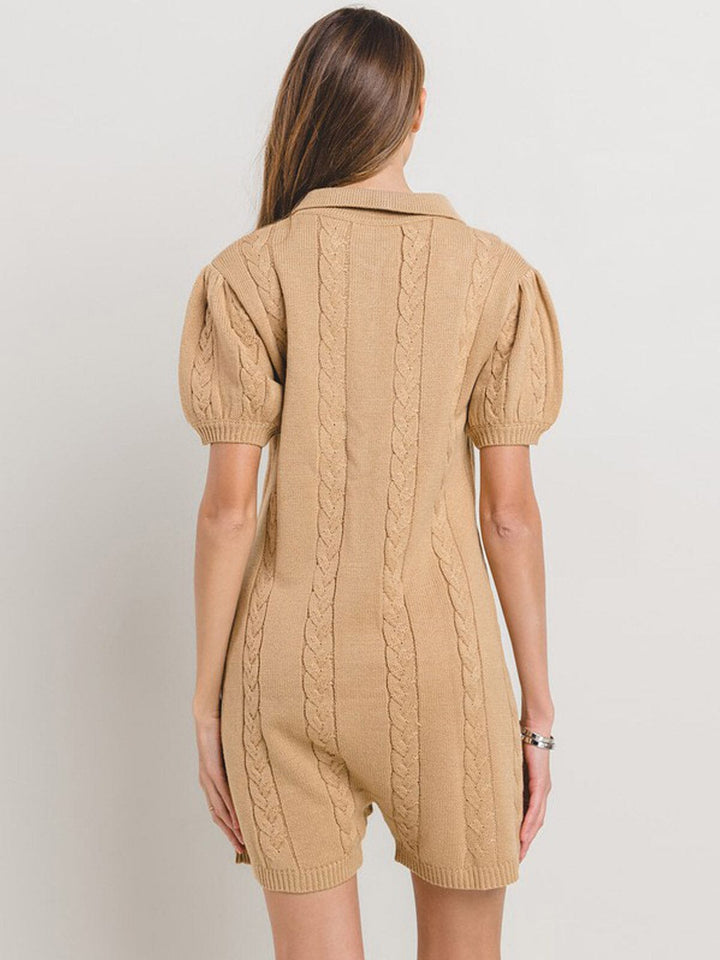 WOMEN'S SHORT SLEEVE BUTTON UP POCKETS CABLE KNIT ROMPER