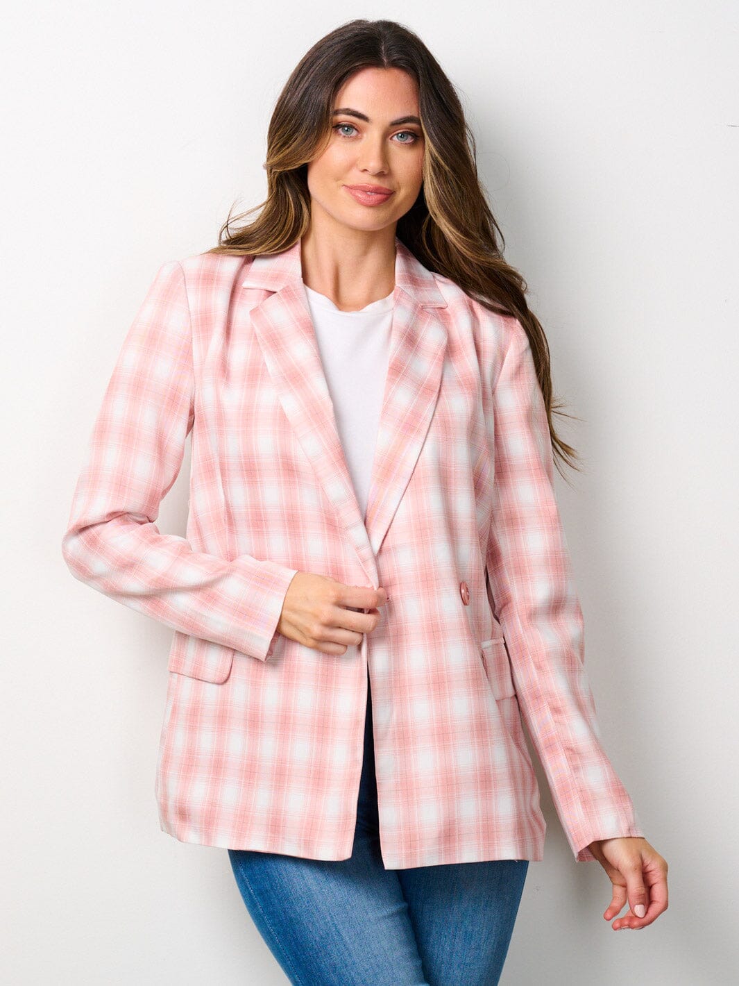WOMEN'S LONG SLEEVE COLORBLOCK BUTTON CLOSURE PLAID BLAZER