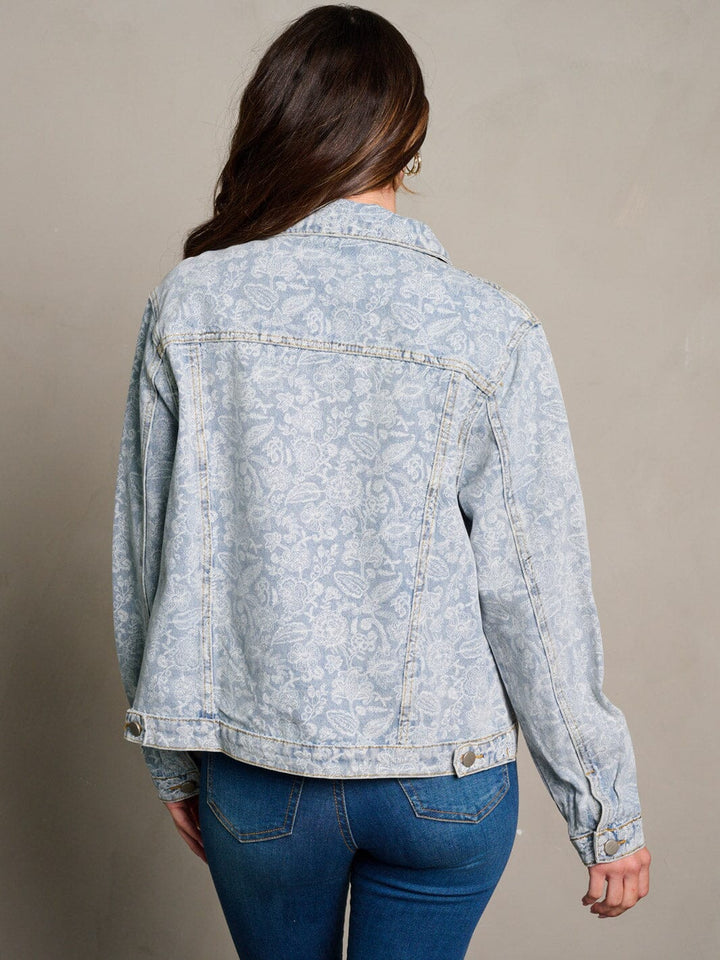 WOMEN'S LONG SLEEVE BUTTON CLOSURE FLORAL DENIM JACKET