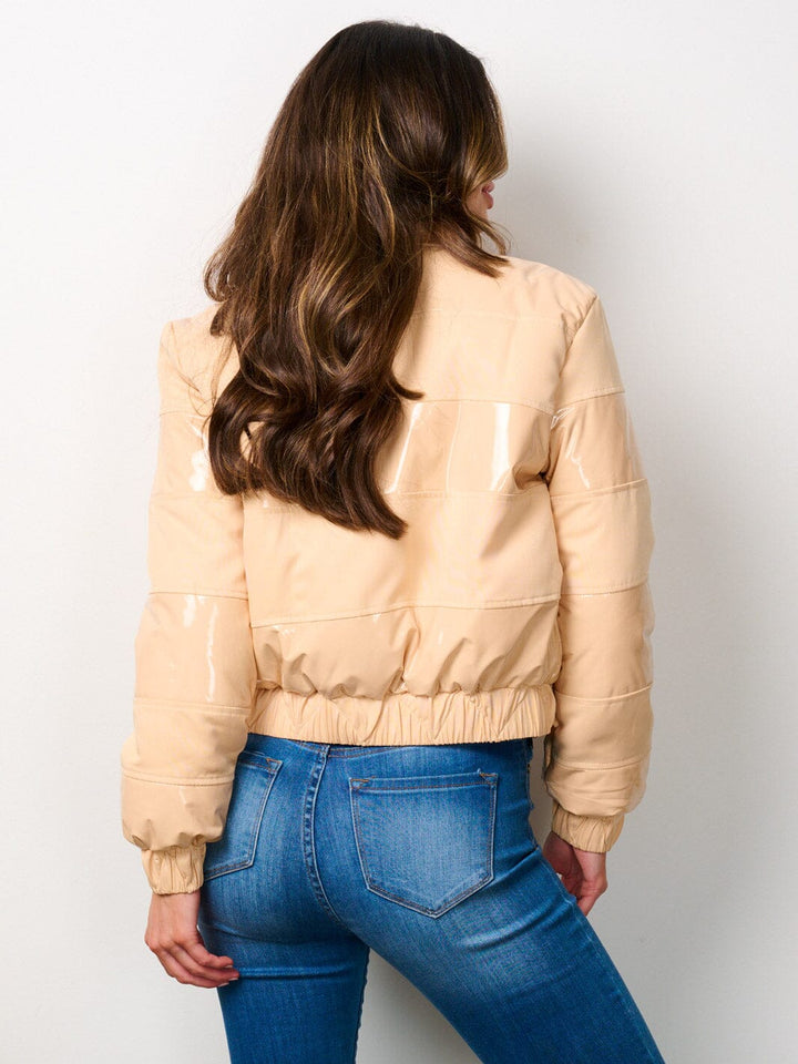 WOMEN'S LONG SLEEVE ZIP UP POCKETS PU PUFFER JACKET