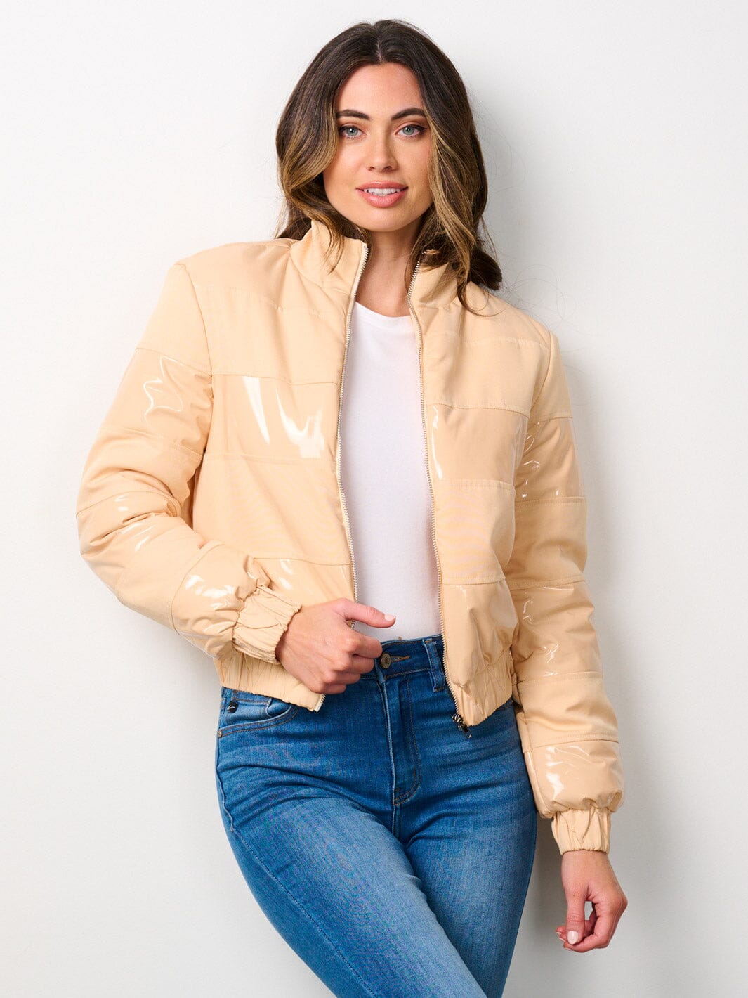 WOMEN'S LONG SLEEVE ZIP UP POCKETS PU PUFFER JACKET